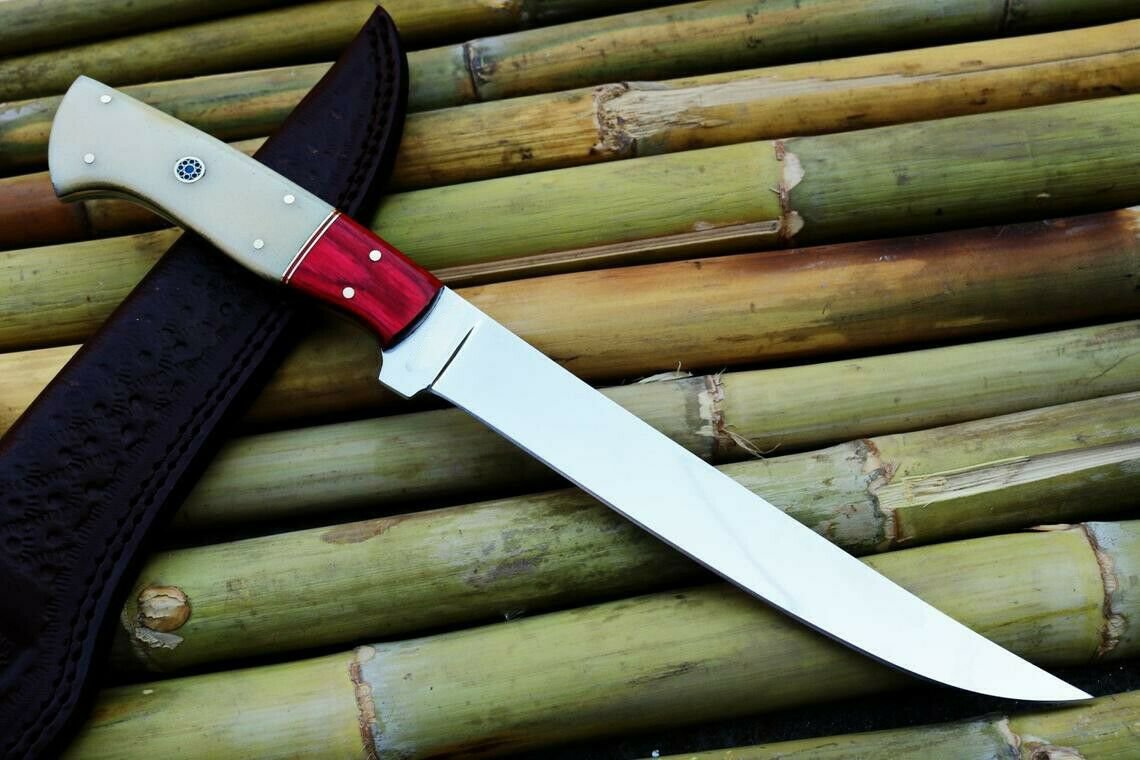 AN CUSTOM HANDMADE D2 STEEL 14" FILLET KNIFE WITH BONE HANDLE