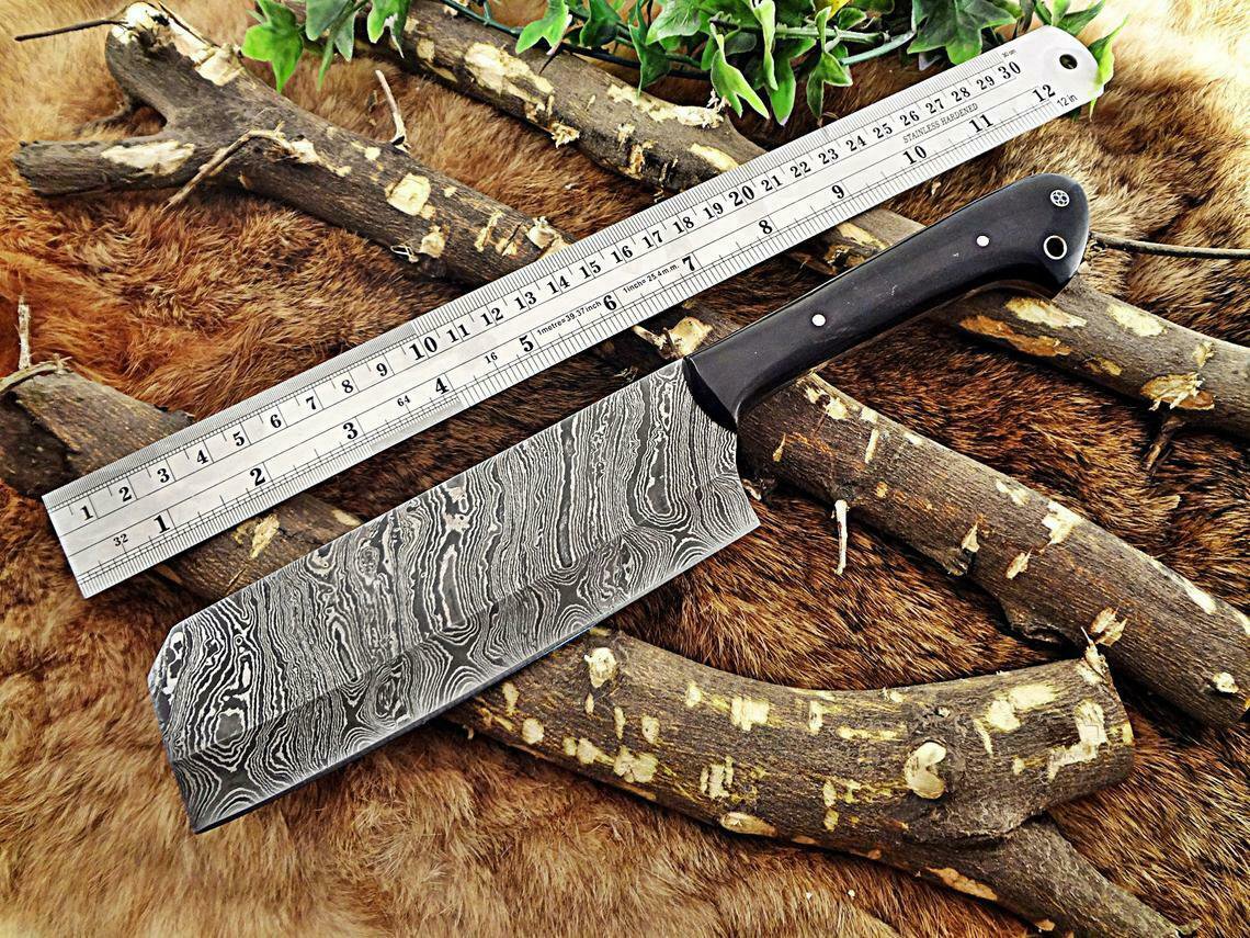 AN CUSTOM HANDMADE DAMASCUS STEEL 10" CHEF CLEAVER HUNTING KNIFE HORN HANDLE
