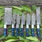 LOT OF 7 AN CUSTOM HANDMADE DAMASCUS STEEL CHEF SET KNIFE COLORED WOOD HANDLE