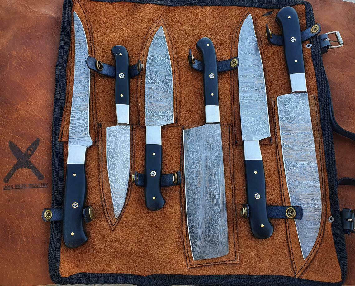 AN CUSTOM HANDMADE DAMASCUS STEEL CHEF SET KNIFE WITH MICARTA HANDLE
