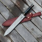AN CUSTOM HANDMADE DAMASCUS STEEL 15" HUNTING KNIFE WITH COLORED BONE HANDLE