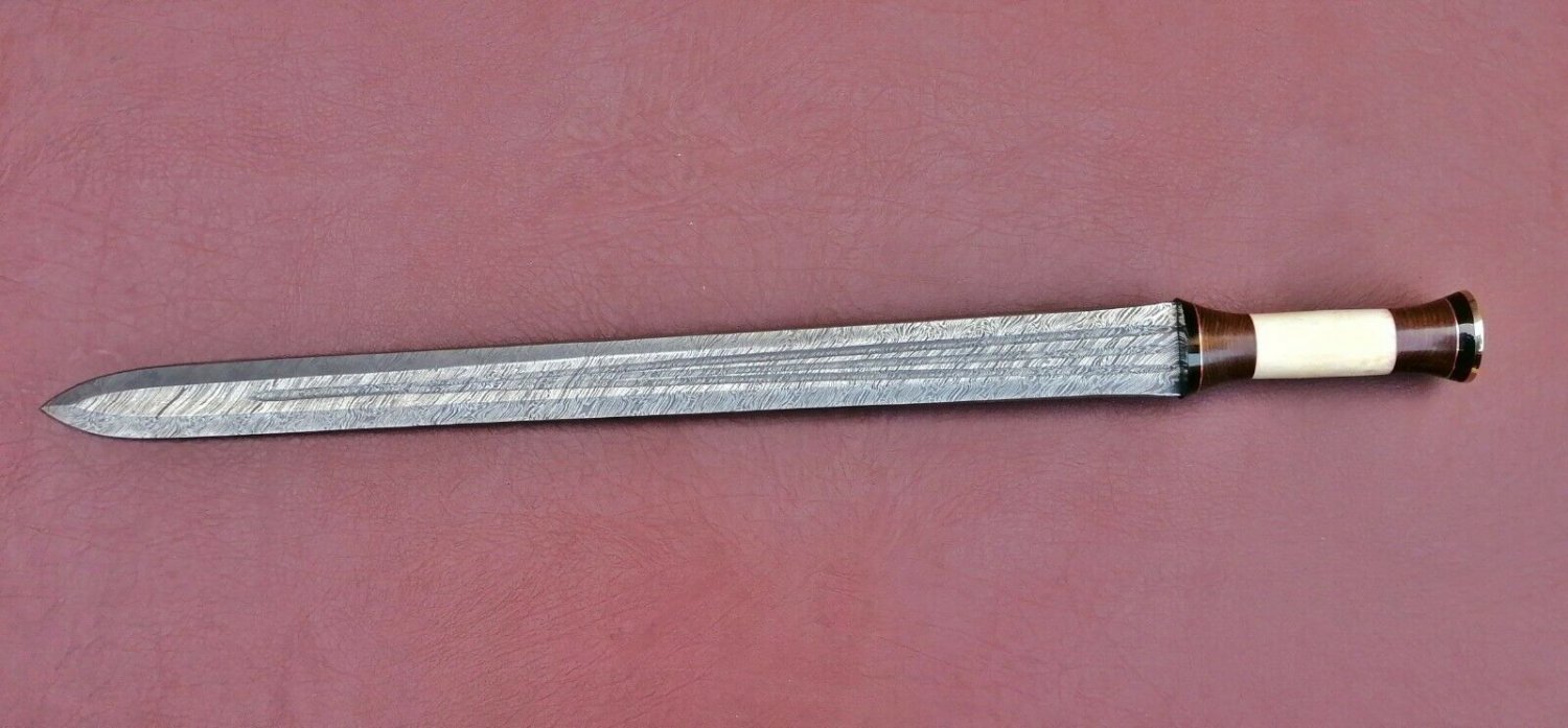 AN CUSTOM HANDMADE DAMASCUS STEEL 30" SWORD WITH BONE AND WOOD HANDLE