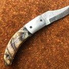 FOLDING KNIFE CUSTOM HANDMADE DAMASCUS STEEL 9" HUNTING KNIFE WITH HORM HANDLE