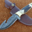 KNIFE CUSTOM HANDMADE DAMASCUS STEEL 10" HUNTING KNIFE WITH STAG HORN HANDLE