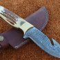 KNIFE CUSTOM HANDMADE DAMASCUS STEEL 10" HUNTING KNIFE WITH STAG HORN HANDLE
