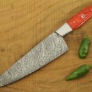 AN CUSTOM HANDMADE DAMASCUS STEEL 12" CHEF KNIFE WITH RED HARD-WOOD HANDLE