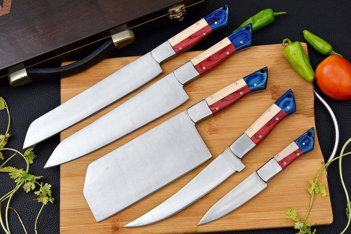 HANDMADE D2 STEEL CHEF KNIFE SET D2 CHEF KITCHEN KNIFE W/PAKKA WOOD & BONEHANDL