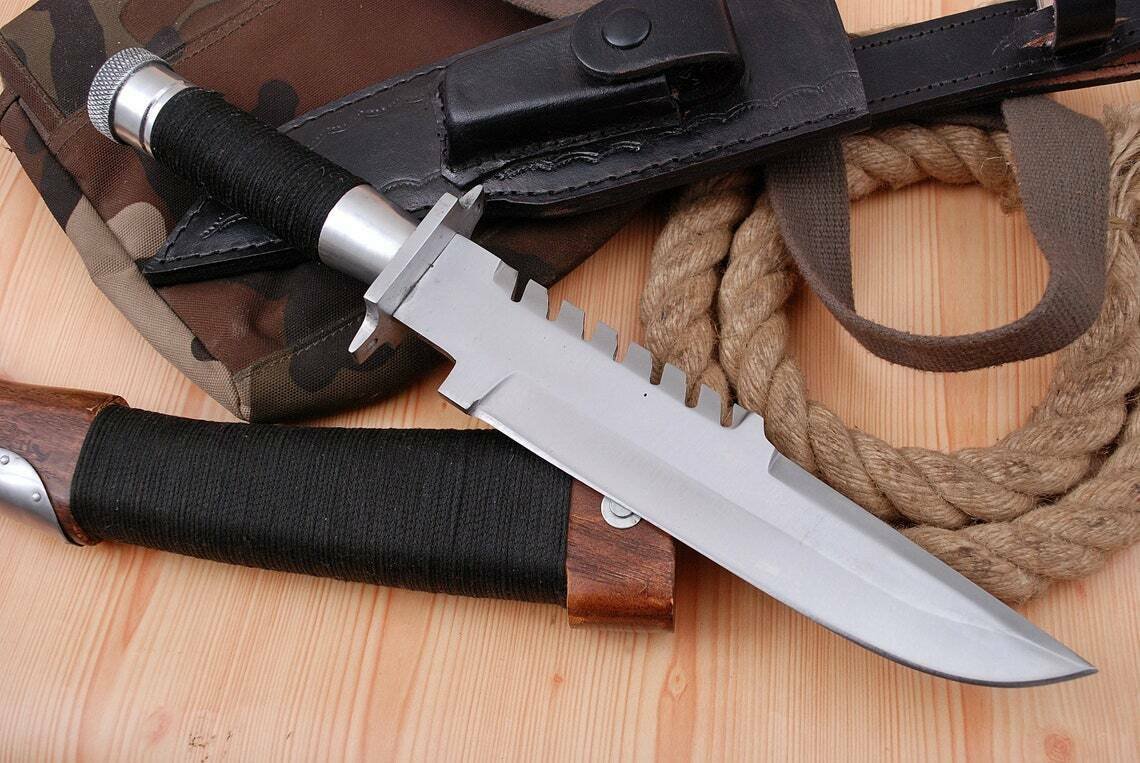 HANDMADE 440C STEEL RAMBO KNIFE, HUNTING KNIFE 14" WITH THREAD RAPPING HANDLE