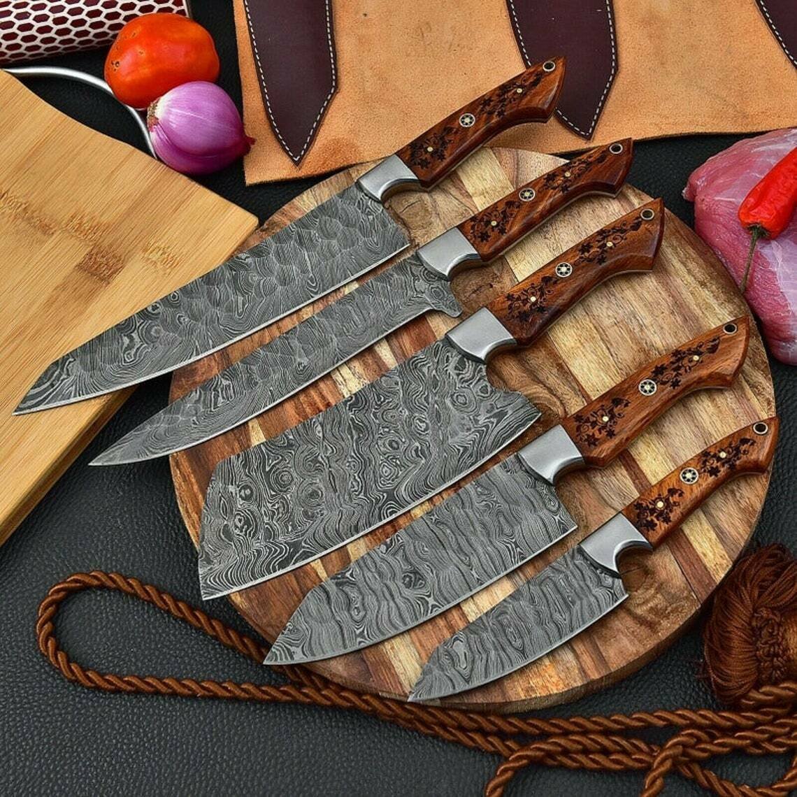 HANDMADE DAMASCUS STEEL CHEF KNIFE SET DAMASCUS CHEF KITCHEN KNIFE W/WOOD HANDL