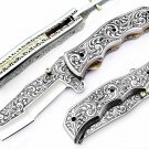 HAND ENGRAVED D2 STEEL 8.0" FOLDING POCKET KNIFE, SKINNER KNIFE, EDC KNIFE, GIFT