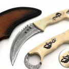 CUSTOM HANDMADE DAMASCUS STEEL 10" KARAMBIT KNIFE, SKINNER KNIFE, ENGRAVED HANDL