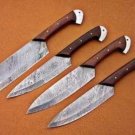 CUSTOM HANDMADE DAMASCUS STEEL CHEF SET WITH ROSE WOOD HANDLE AND LEATHER BAG