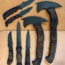 A set of custom handmade axe and knives with wood handle and leather sheath