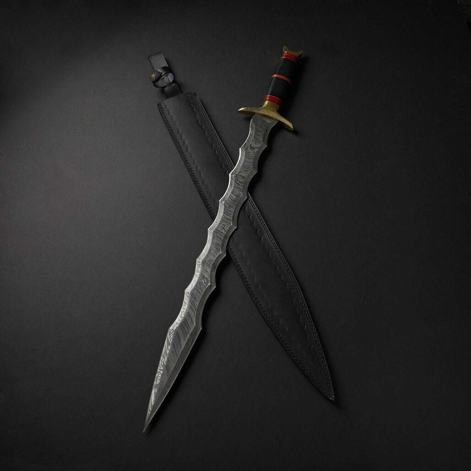 custom handmade Damascus steel  viking sword micarta and red spacer with guard & pommel handle