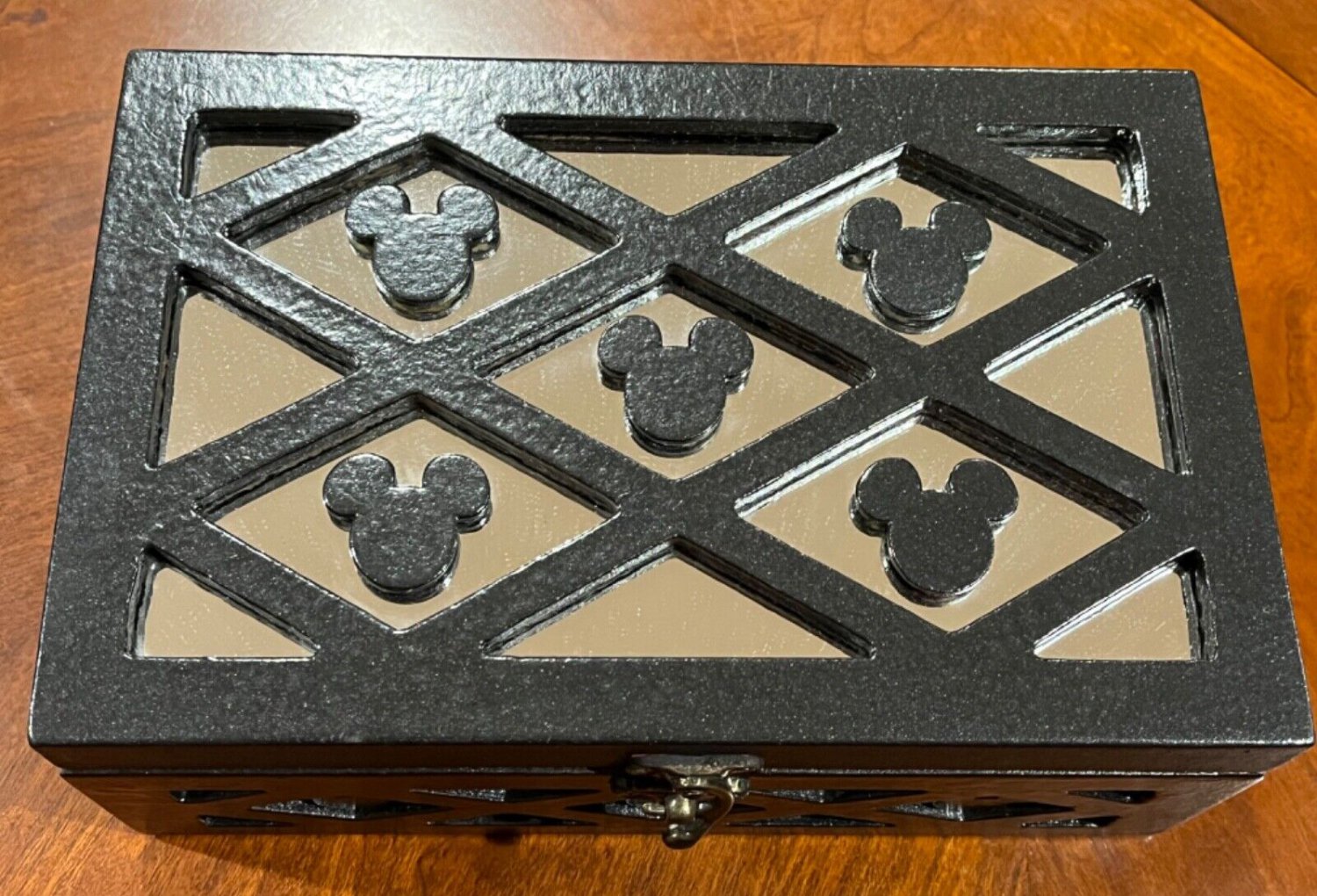 Mickey Mouse Small Black Lattice  Wooden Jewelry Box Wood  Keepsake Trinket Box