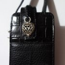 Brighton Black Leather Cell Phone Camera Card Holder Wristlet Case Silver Heart