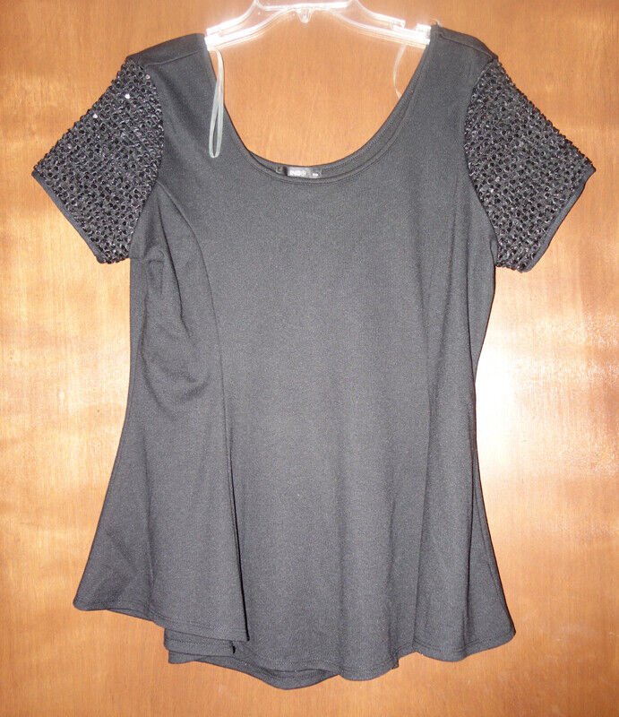 ING Black With Sequin Sleeves Peplum  Top Blouse Shirt Size 1X