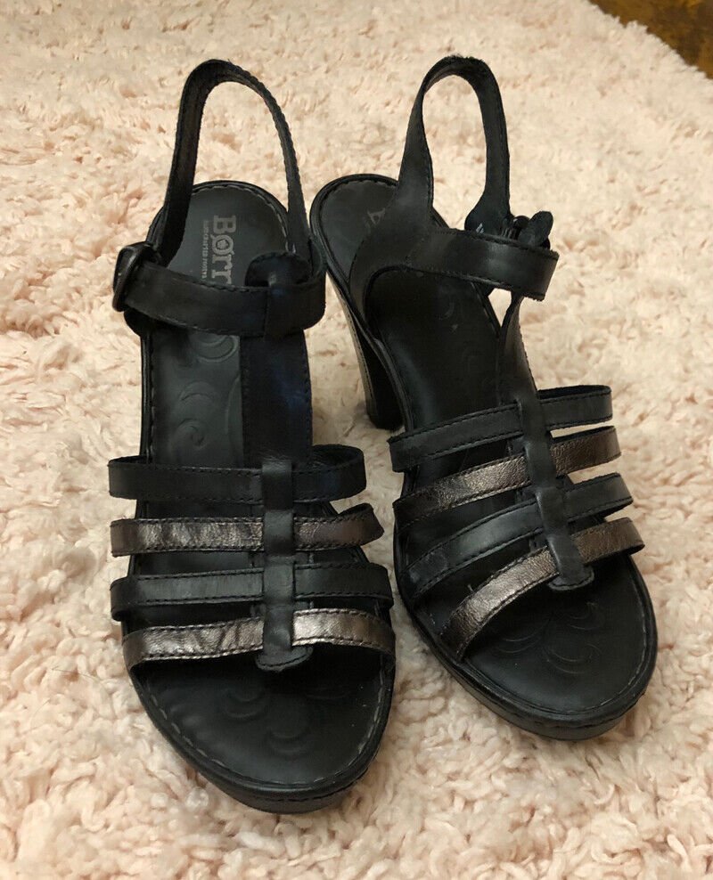 Born Riviera Black Combo Metallic Strappy Heels Sandals Size 9