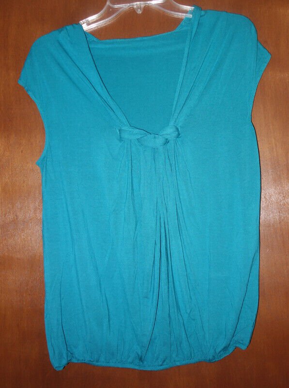 Woman's Knot Top Gathered Bottom Teal Color Top Shirt Size Large