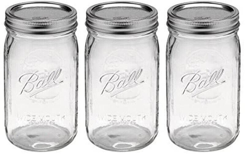 Ball Mason Jar-32 oz. Clear Glass Ball Wide Mouth 7" x 3.5" x 3.5" Set of 3 New