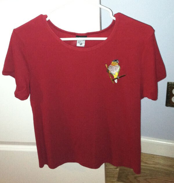 Embroidered Black Headed Caique Parrot Scoop Neck Red Tee T-Shirt Large-XL