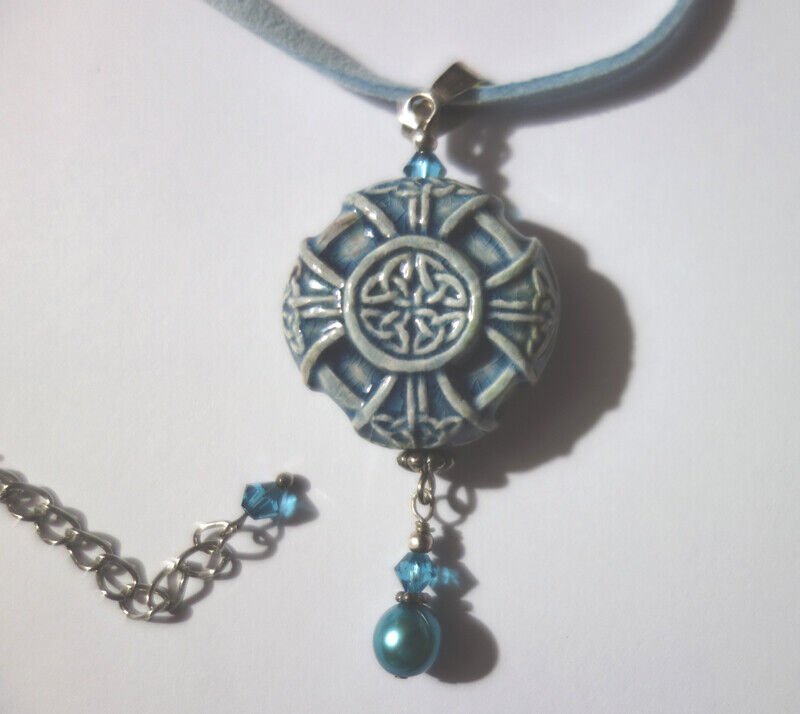Blue Ruka Glazed Ceramic Celtic Design Charm Pendant Leather Necklace