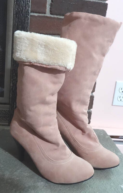 Light Pink Suede High Heel Fleece Lined Booties Boots Size 9 41