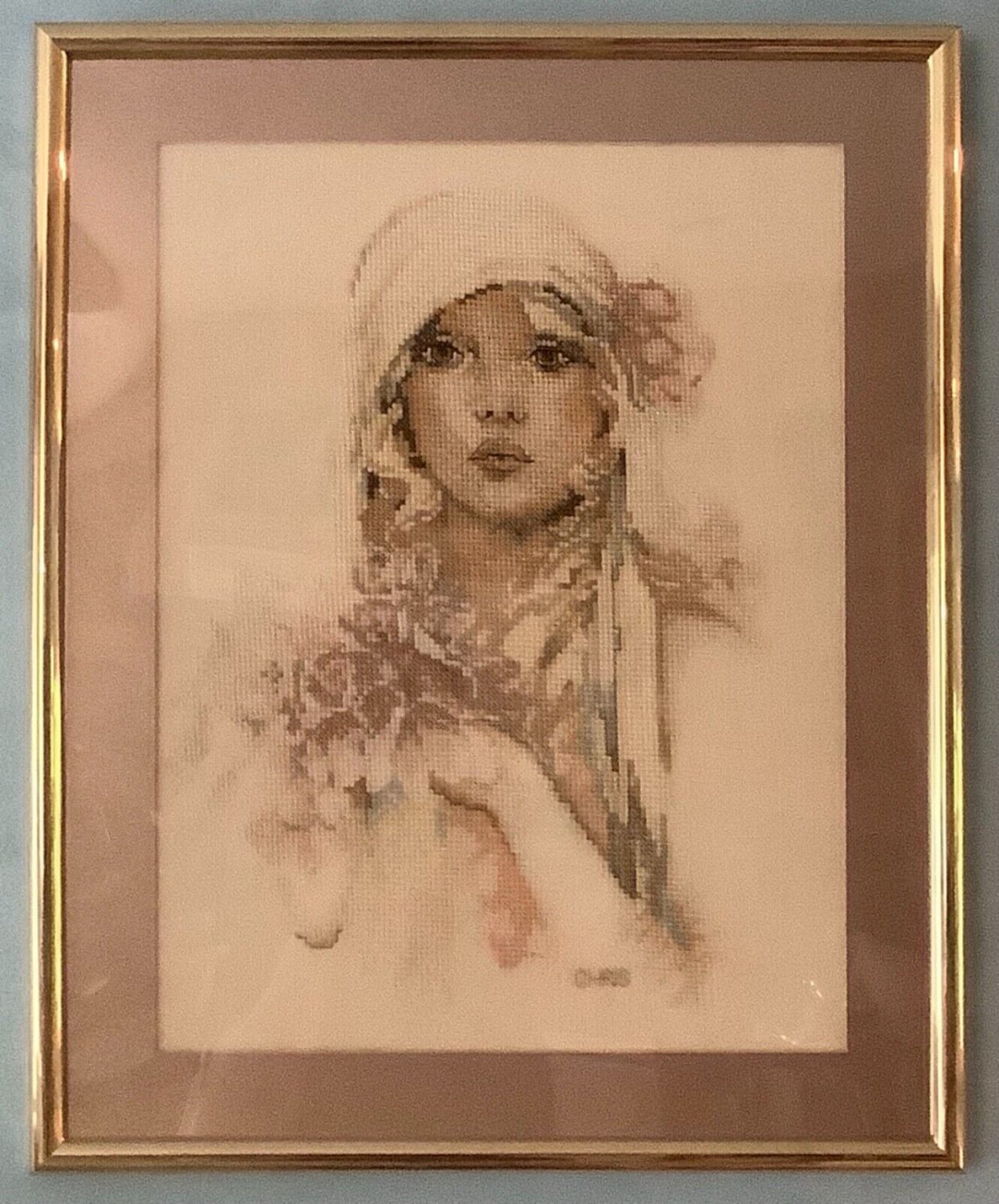 Completed Matted & Framed Roaring 20's Flapper Lady Woman Portrait Cross Stitch