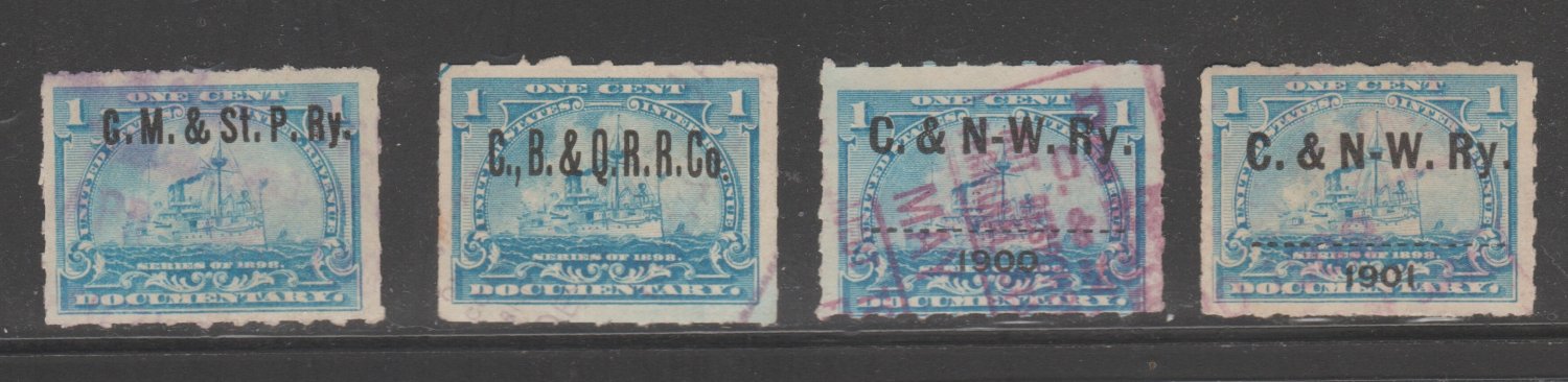 USA Printed RAILROAD pre- cancels on revenue stamps 3-7b-21-1e as seen