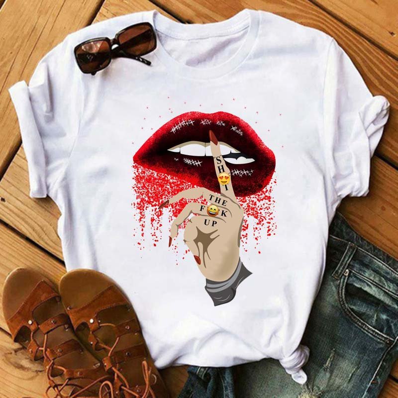 Shut Up Red Lips Graphic Shirts Casual Cute Custom Ladies T Shirts 25001