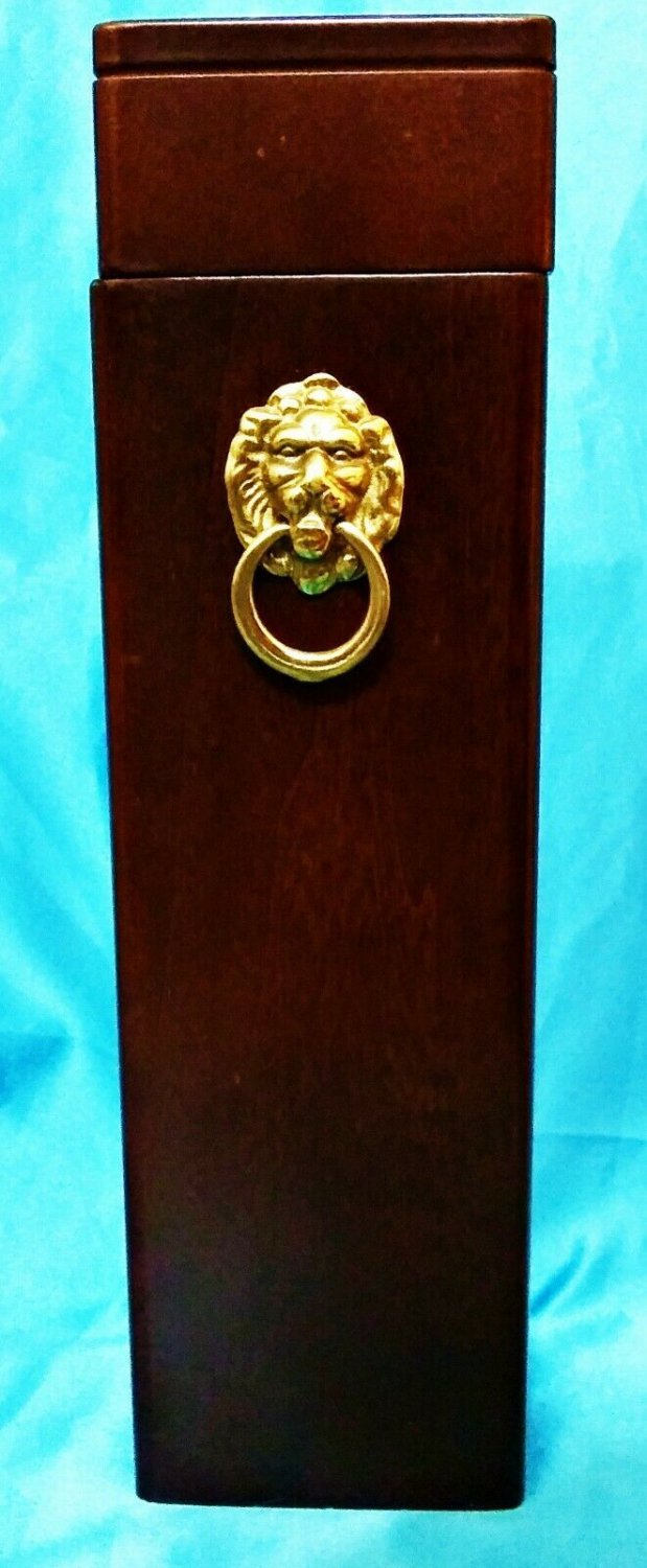 Vintage Bombay Company Wooden Box Match Holder with Brass Lion Knocker