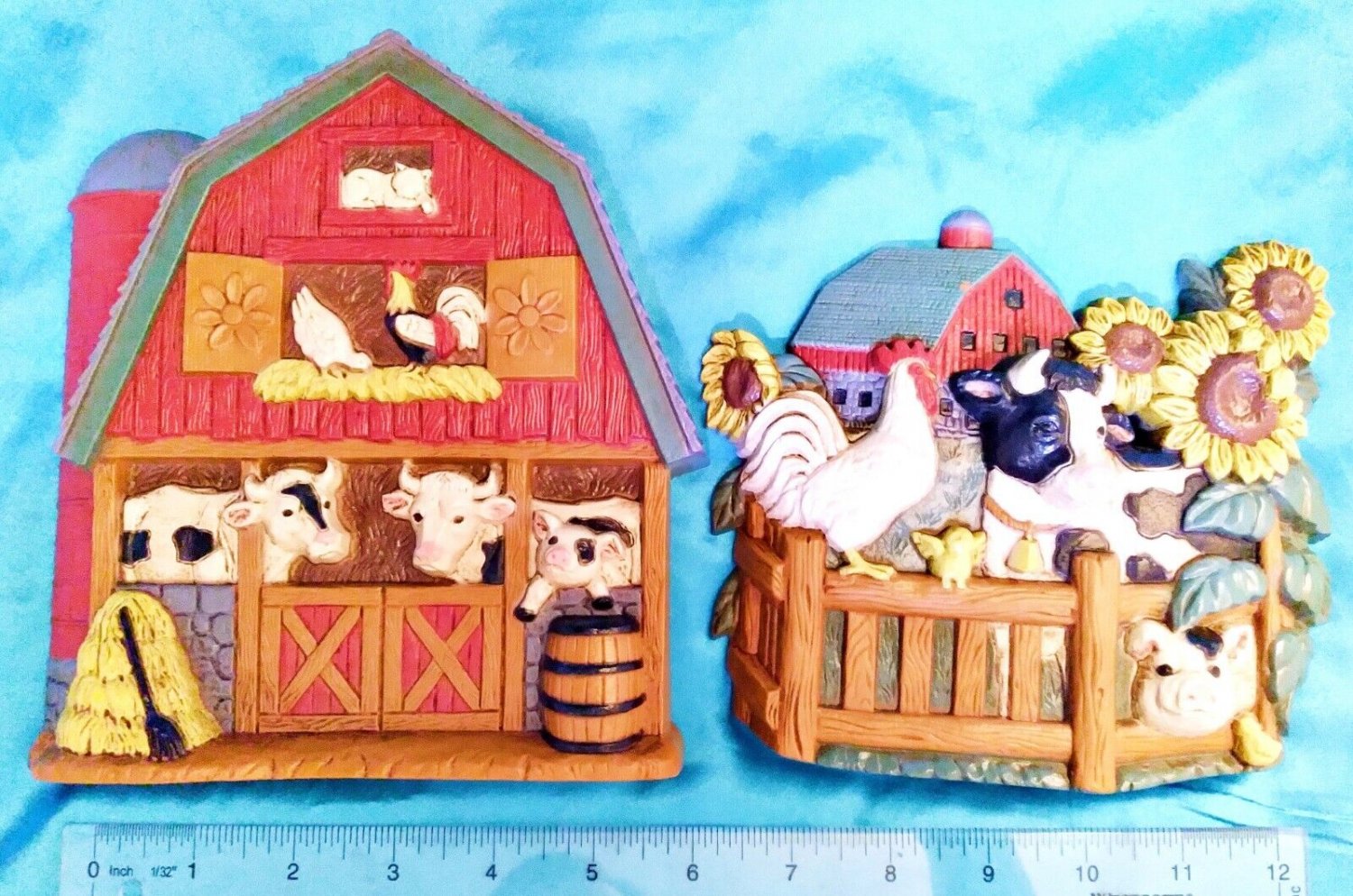 Set of 2 - FARM BARN COWS ROOSTERS SUNFLOWER Home Interior Plastic Wall Hangings