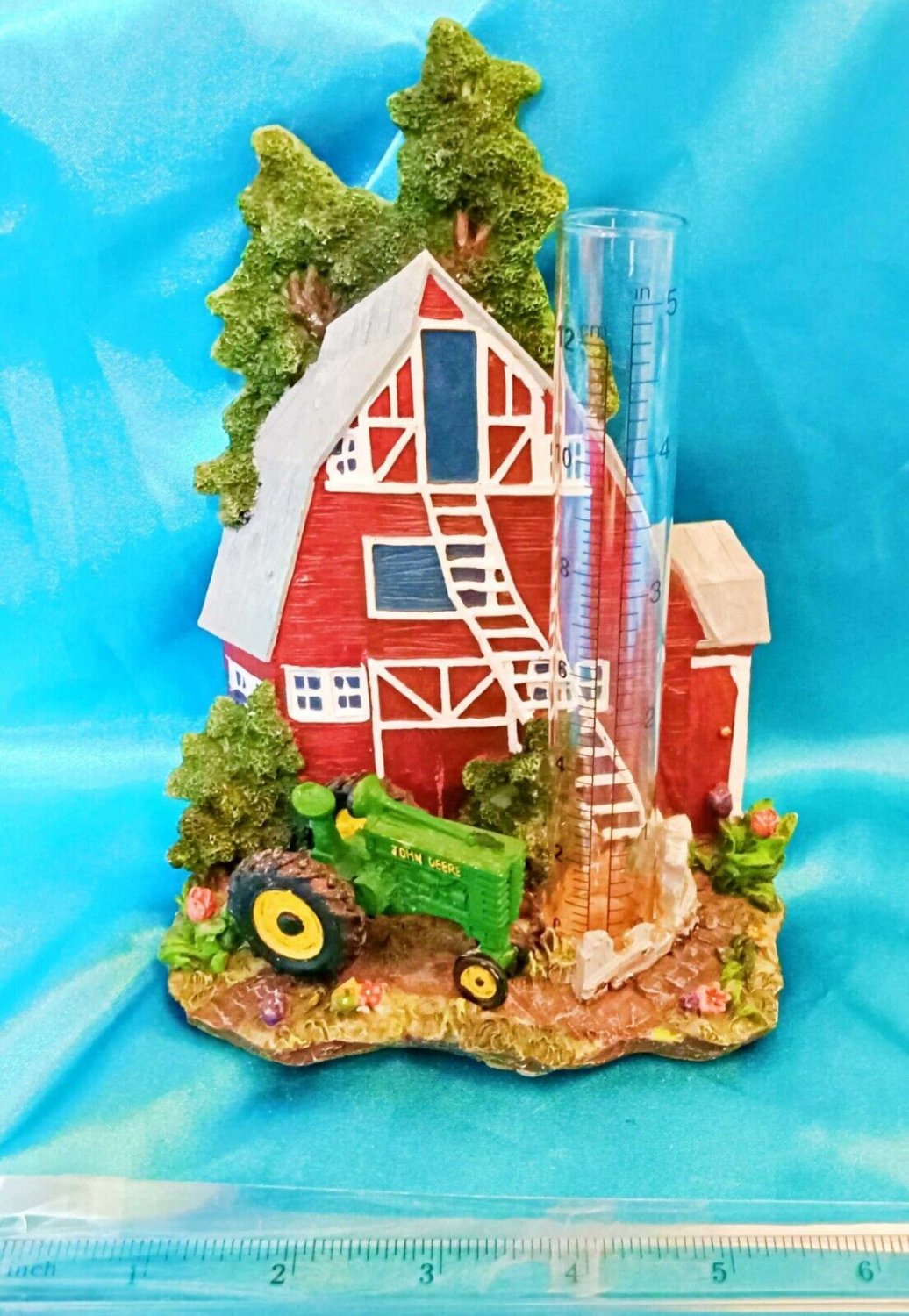 JOHN DEERE Ceramic BARN SCENE THERMOMETER AND RAIN GAUGE Tabletop Decor