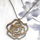 Large Wood Brown Rose Pendant  Bronze Ball Chain Free Shipping