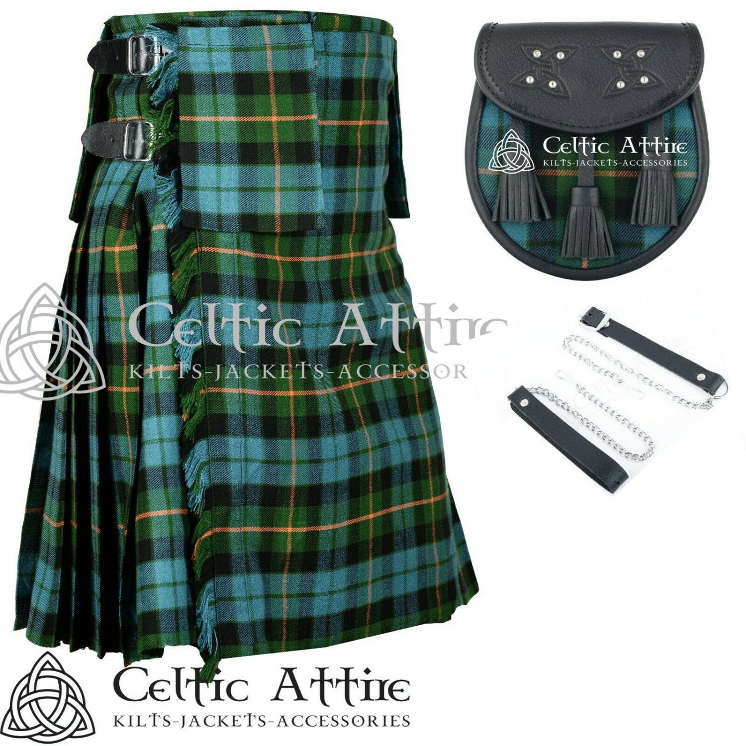 40 Size Premium Handmade Scottish 8 Yard GUNN ANCIENT Tartan KILT with Matching Sporran