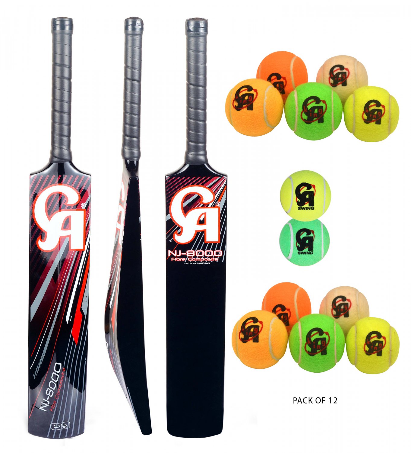 3 x CA NJ-8000 Tape Ball Fiber Cricket Bat 55mm Edge top deal with Free Pack of 12 CA Tennis Ball