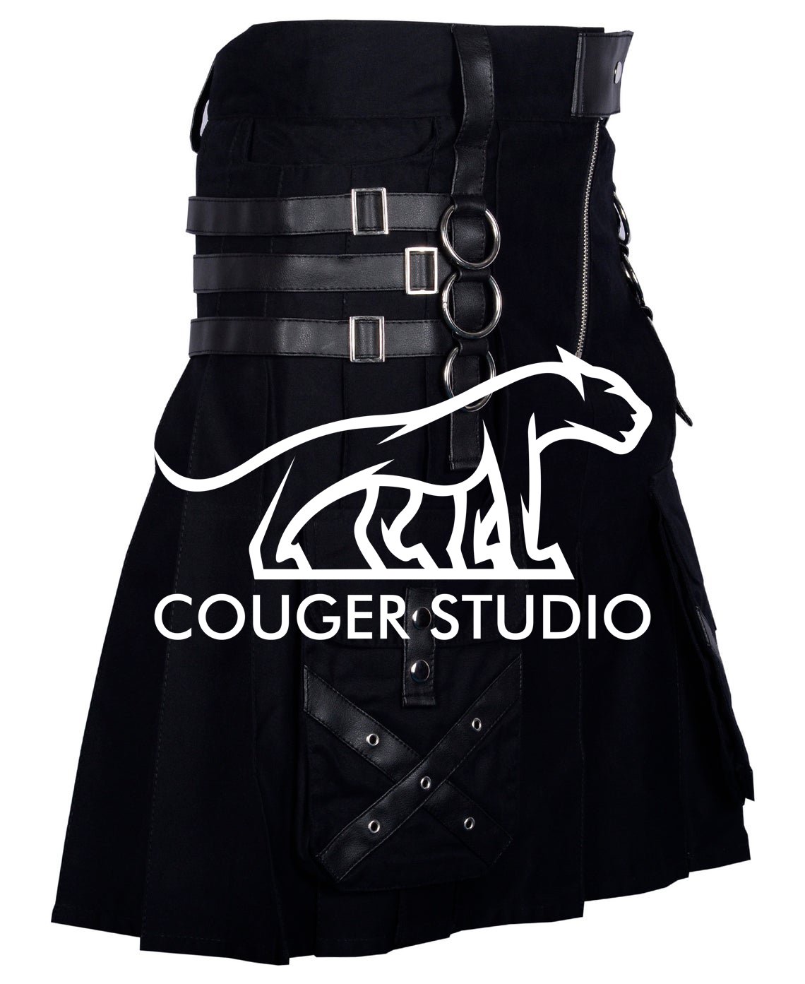 32 Size Handemade Black Cotton Kilt Gothic Throng With Leather Straps and Patch Work