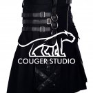 32 Size Handemade Black Cotton Kilt Gothic Throng With Leather Straps and Patch Work 32 Size Handemade Black Cotton Kilt Gothic Throng With Leather Straps and Patch Work