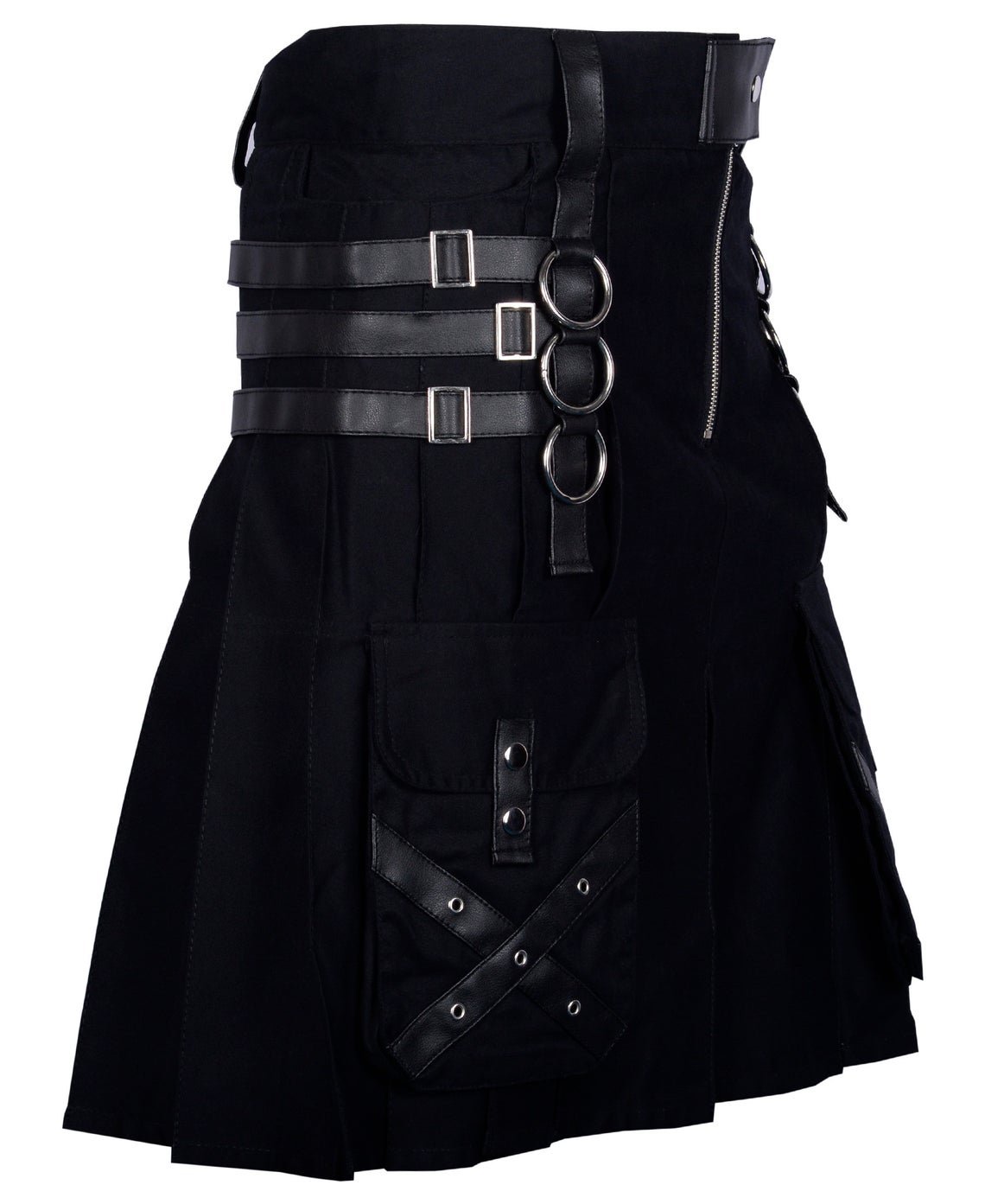 Handemade Black Cotton Kilt Gothic Throng With Leather Straps and Patch Work 36 Size