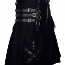 Handemade Black Cotton Kilt Gothic Throng With Leather Straps and Patch Work 54 Size