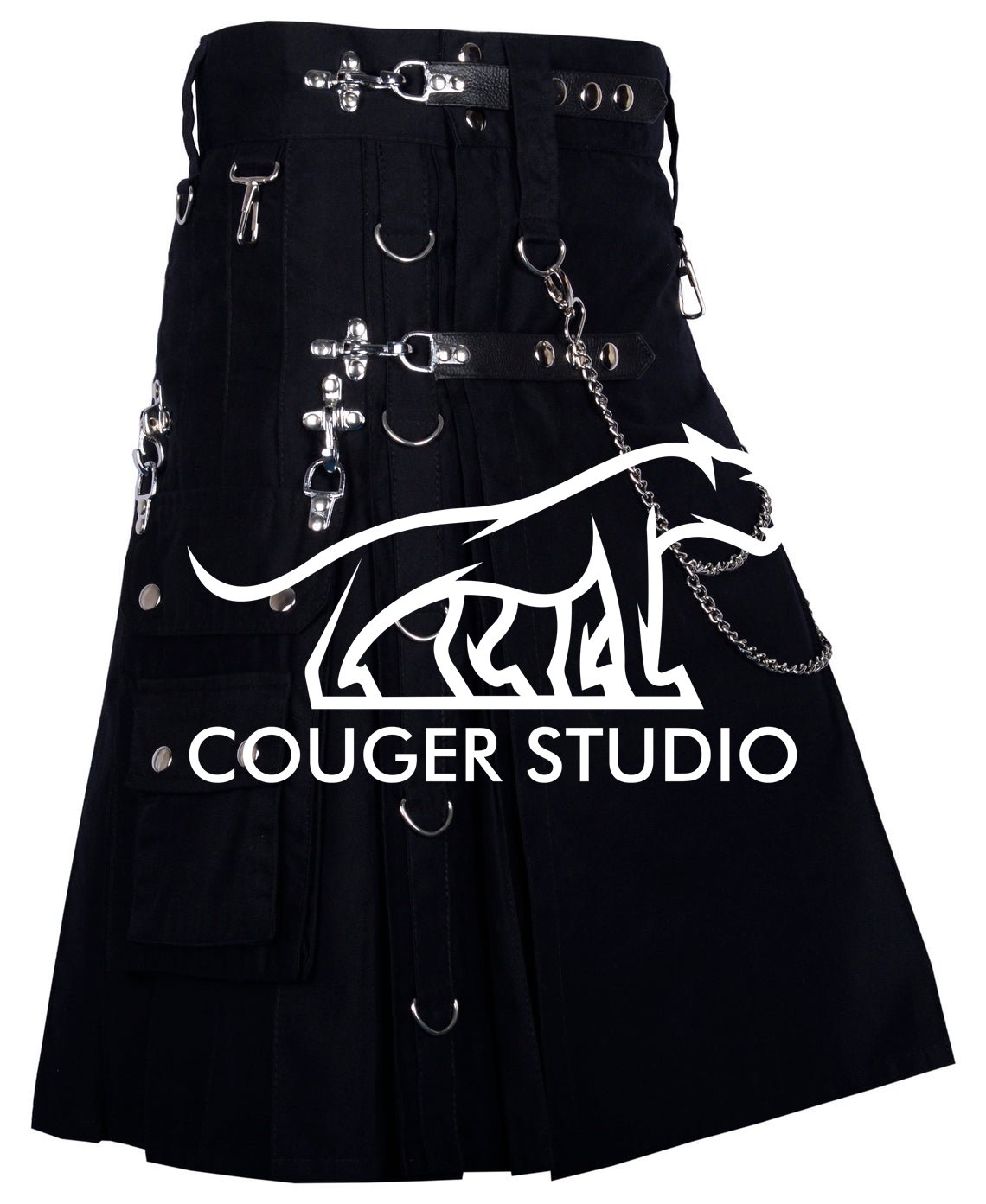 KILT - 48 Size - Scottish Handmade Black Cotton KILT Gothic Throng With Silver Accessories
