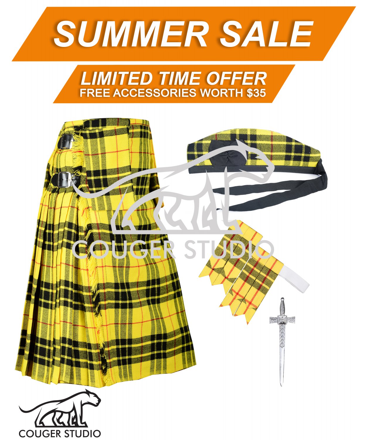 Handmade 44 Size Scottish 8 Yard Macleod of Lewis Tartan Kilt with Free Accessories