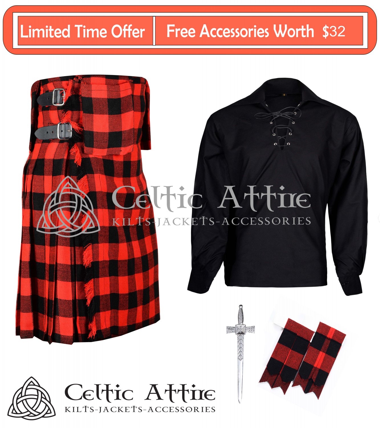 KILT - 40 Size - 8 Yard KILT RED BLACK ROB ROY Tartan with Ghillie Shirt - Kilt Pin -Flashes