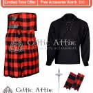 KILT - 48 Size - 8 Yard KILT RED BLACK ROB ROY Tartan with Ghillie Shirt - Kilt Pin -Flashes