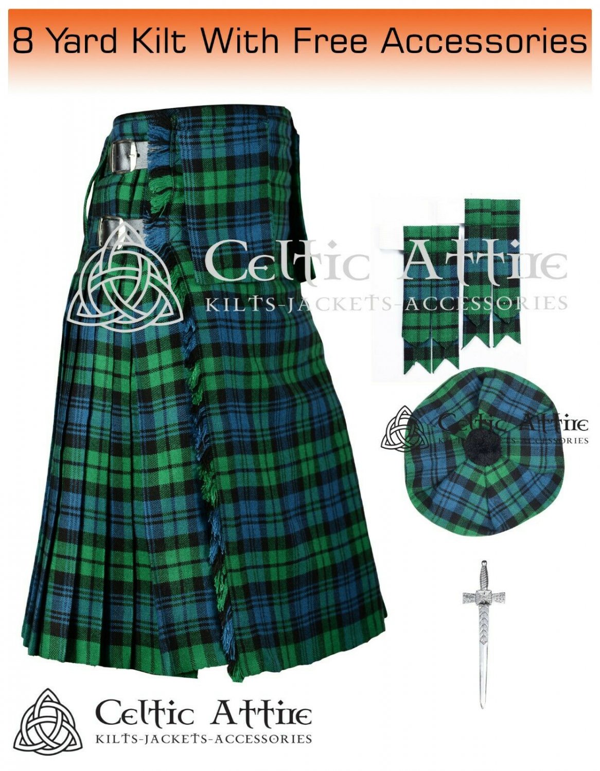 Premium - 46 Size - Campbell Ancient 16 Oz -Scottish 8 Yard Tartan Kilt - Free Accessories