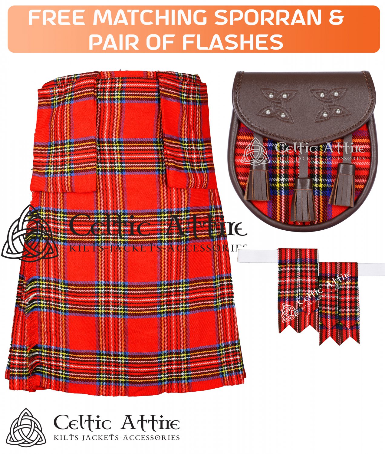 30 Size - Handmade 8 Yard Traditional Scottish Kilt- Royal Stewart Tartan/Free Accessories