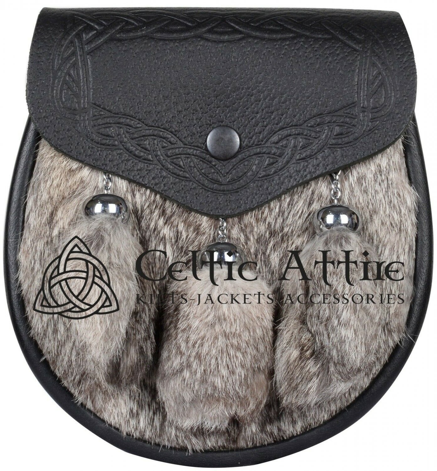 Scottish Black Leather SPORRAN Brown Rabbit Fur With Free Chain Belt