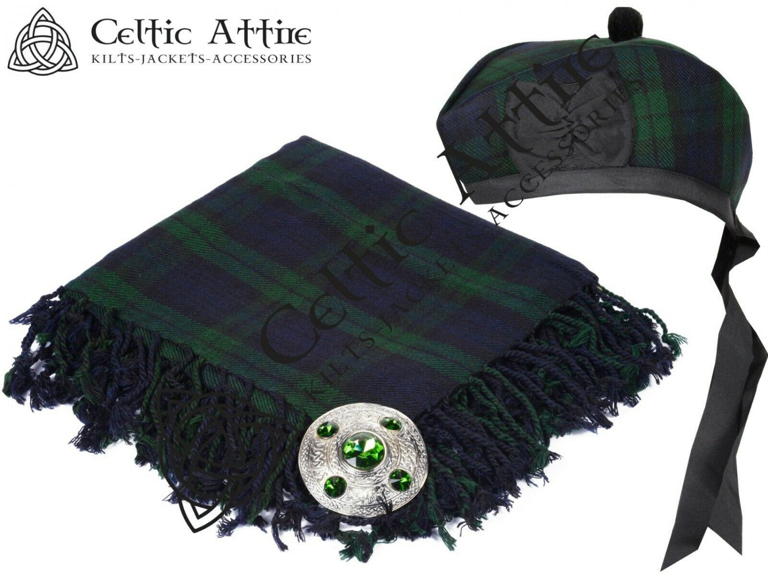Scottish Black Watch Tartan Fly Plaid Brooch Pin Glengarry Hat 62 cm