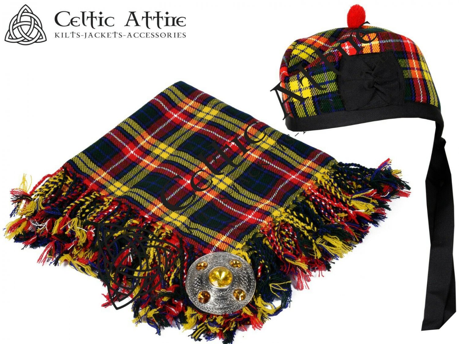 Scottish Buchanan Tartan Fly Plaid Brooch Pin Glengarry Hat 62 cm