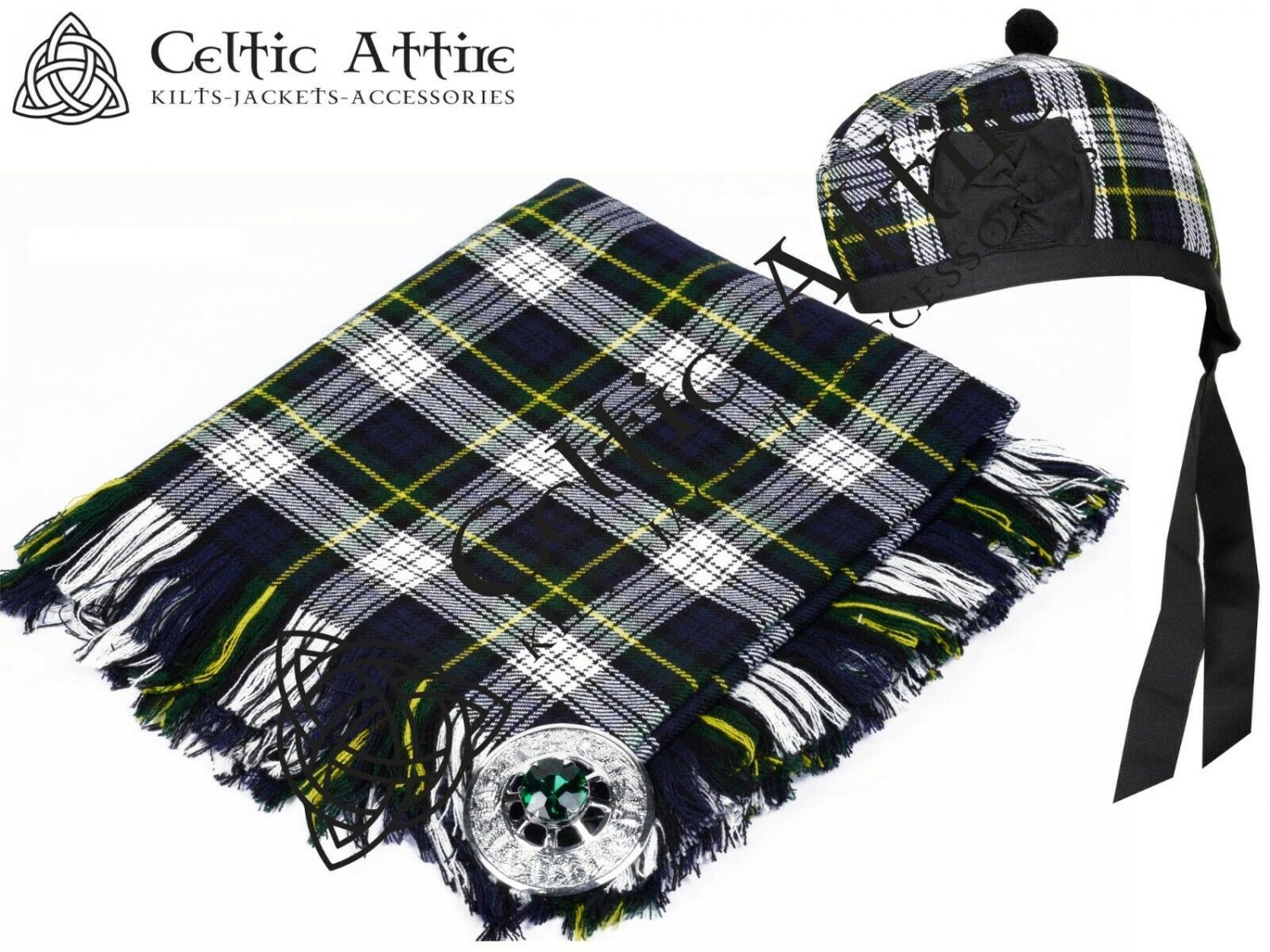 Scottish Dress Gordon Tartan Fly Plaid Brooch Pin Glengarry Hat 56 cm